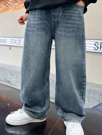 Teen Boys' Pocketed Wide Leg Loose Casual Simple Classic Jeans