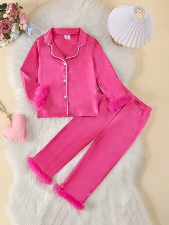 Girls Fuchsia Solid Long Sleeve Fluffy Top And Pants Suit
