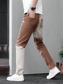Pantalones vaqueros rectos con ajuste delgado de estilo callejero desteñidos para adolescentes chicos - Caqui - Ver 3