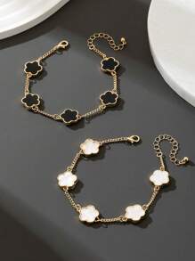 2pcs Men's Fashion Classic Black & White Clover Bracelet Set