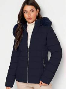 Shendy Vendy Women's Warm Polyester Jacket With Fur Collar - Navy Blue 2 - View 2