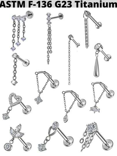 1PC Titanium Internally Threaded Waterdrop Dangle Labret Double Chain Dangle Top Helix Cartilage Piercing Ear Tragus Daith Earrings Jewelry