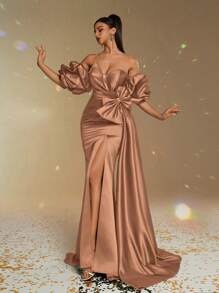 Smilprince New Elegant Solid Color Formal Evening Gown, Fitted Off-Shoulder Ruffle Satin Bow, Sophisticated Party Formal Dress For Ladies, Wedding Guest Attire - Brown - View 4