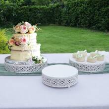 6-Piece Ivory White Cake Stand Set With Crystal Accents – Includes Round Stands And Lace Edge Design For Weddings And Parties - màu trắng ngà - Xem 4