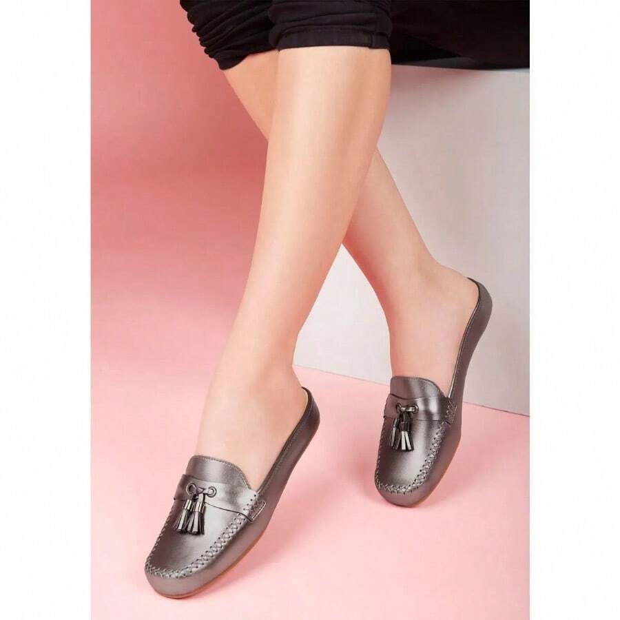 Women's Metallic Flat With Tassels And Open Heel Casual Comfort - 銀色 - 查看 1