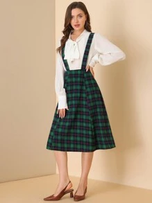 Women's Tartan Plaid Suspender Skirt Vintage High Waist A-Line Midi Overall Spring Dress