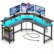 Rolanstar L Shaped Gaming Desk With LED Lights & Power Outlets, 46.2" Computer Desk With Full Monitor Stand & Storage Shelf, Corner Desk With Hooks, Carbon Fiber Desk Reversible - Black - View 1