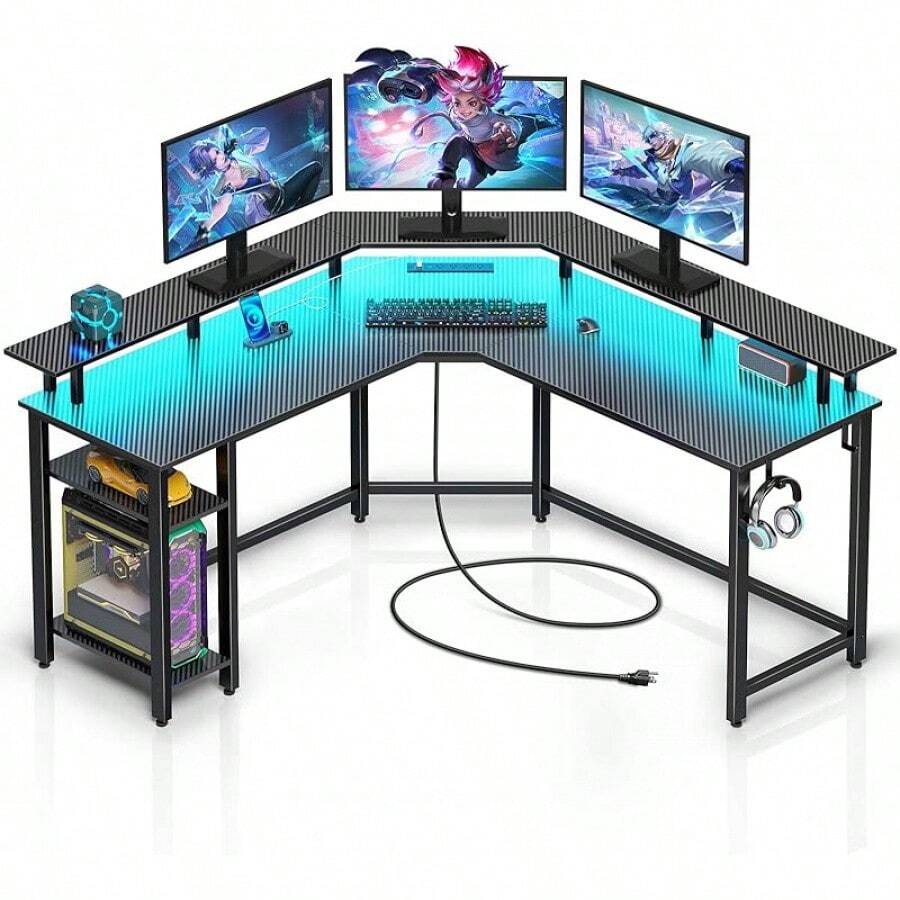 Rolanstar L Shaped Gaming Desk With LED Lights & Power Outlets, 46.2" Computer Desk With Full Monitor Stand & Storage Shelf, Corner Desk With Hooks, Carbon Fiber Desk Reversible - Black - View 1