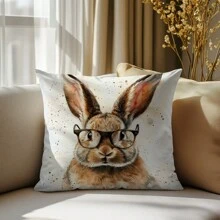 1pc Vintage Glasses Rabbit Pattern Decorative Pillow Cover, Single-Sided Peach Velvet Fabric, 45*45cm/50*50cm Cushion Cover For Modern Sofa, Living Room Decor, Gift