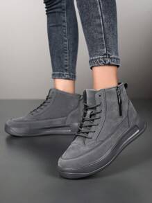 Damen High Top Lässig Sneakers, grau, neues Design, geeignet für alle Jahreszeiten, Schnürung, Street-Style, Plateau, rutschfest, vielseitige sportliche weiße Schuhe, bequeme flache Laufschuhe für junge Frauen, einfache schwarze High Top PU-Leder Skate-Schuhe, High Top Rundkopf Skateboard-Schuhe für Outdoor, Reisen, Partys - Grau - Übersicht 5