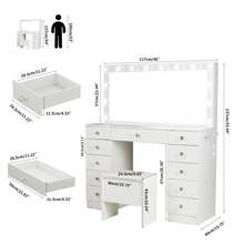 VOWNER 46" Large Vanity Table With Lighted Mirror & Power Outlet, Makeup Vanity Desk With Glass Top, 14-Bulbs Large Mirror, 3-Color Modes & Brightness Adjustable, 11 Drawers For Storage, Come With Soft Stool & Hair Dryer Rack, Vanity Set Gifts For Girls Women, Halloween & Thanksgiving - 白色 - 查看 6