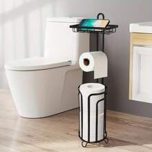 Bathroom Storage Essential! Bronze Toilet Paper Holder Stand With Shelf, Tissue Roll Dispenser, Space-Saving, Easy To Install, Stylish Design Enhances Bathroom Style - Black - View 3