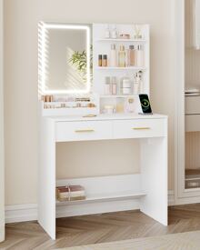Hzuaneri Dressing Table With LED Light, 2 Sockets And 2 USB Ports Dressing Table With 2 Drawers And 4 Open Shelves, Storage Organiser Compartment. Suitable For Bedroom, Living Room, White
