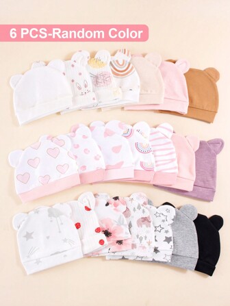 6pcs Newborn Infant Baby Hat Solid Color & Printed With Ear Design Warm Protective Cute Daily Casual Accessories Suitable For Outdoor Use