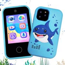 3-9岁男孩鲨鱼主题智能手机玩具，触屏学习玩具，圣诞节和生日礼物，包含硅胶鲨鱼壳、逼真触屏、音乐播放器、双摄像头和教育游戏 - 彩色 - 查看 3