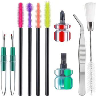 10 pezzi set pulizia macchina da cucire, set attrezzi per riparazione macchina da cucire include pinzette, spazzola a doppia testa, cacciavite, smagliacuciture, spazzola in silicone (colore casuale) per manutenzione e pulizia della macchina da cucire