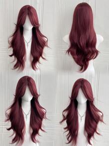 中刘海酒红色假发带刘海女士长红色假发 26 英寸卷发波浪发自然造型耐热纤维假发适合女孩万圣节派对使用 - 酒紅色 - 查看 6