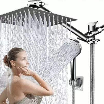 8-Inch High Pressure Rain Shower Head/Handheld Shower Combo With 11-Inch Extension Arm, 5 Adjustable Anti-Leak Shower Heads, Bracket/Hose Included, Height/Angle Adjustable (Black), Home Bathroom Decor, Summer Bathroom Accessory
