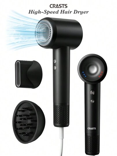 CRASTS Secador de pelo profesional de alta velocidad y calidad de salón, secador de pelo con un solo botón para alternar entre aire caliente y frío, cuatro niveles de temperatura ajustable, equipado con dos boquillas de diferentes tamaños, color negro, apto para uso doméstico y en salón profesional