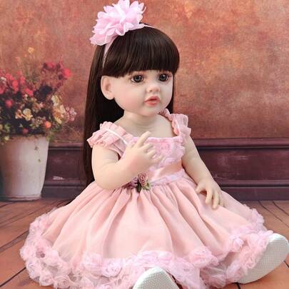 1 件 55 厘米全软乙烯基重生娃娃，配粉色连衣裙，22 英寸装扮伴侣可水洗玩具生日圣诞礼物