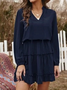 Women Spring Long Sleeve Short Dress Tie V Neck Lantern Sleeve High Waist Ruffle Tiered A-Line Swing Flowy Loose Green Dress Daily Wear Casual Holiday Beach Valentine Mini Dress - Màu xanh hải quân - Xem 3