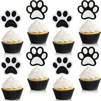 24pcs Sparkling Dog Paw Cupcake Toppers - Black & White, Perfect For Birthday Parties & Cake Decorations
