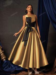 Smilprince Elegante vestido de satén midi con lazo en la cintura y corte en A sin mangas en color dorado para mujer, vestido de cóctel formal, vestido de noche formal, vestido de fiesta, vestido para invitada de boda