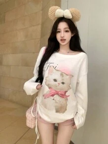 Áo thun dài tay dáng rộng in hình mèo dễ thương, cổ lệch vai, màu trắng, thích hợp mặc mùa xuân. - trắng - Xem 4
