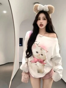Áo thun dài tay dáng rộng in hình mèo dễ thương, cổ lệch vai, màu trắng, thích hợp mặc mùa xuân. - trắng - Xem 3