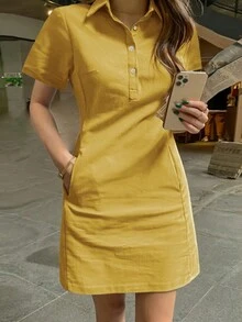 Mùa xuân và mùa hè phong cách mới thời trang đơn giản thanh lịch ve áo đơn hàng khuy váy ngắn thon gọn cho phụ nữ - Màu vàng - Xem 7