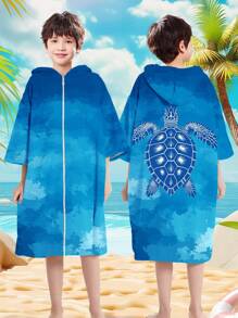 1 Peça Capa de Praia com Capuz em Microfibra de Secagem Rápida para Crianças/Meninos, Tema Oceânico, Tamanho Ampliado, À Prova de Vento, Quente e Absorvente para Surfe, Piscina, Praia, com Estampas de Tartaruga do Mar, Baleia, Tubarão