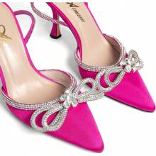Women's Silver High Heel Sandals Rhinestone Bow Heels Ankle Strap Pointed Toe Sexy Stiletto Heeled Sandals Party Wedding Bridal Dress Pumps Shoes - Rose Red - View 3
