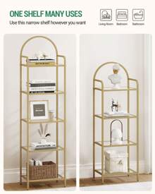 Hzuaneri Regal, Bücherregal aus gehärtetem Glas, schlankes Regal für Schlafzimmer, Badezimmer, Heimbüro, Stahlrahmen, mit 5 Ablagen