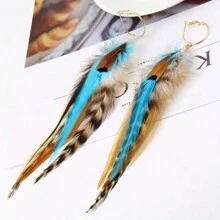 2pcs Colorful Natural Feather Long Earrings For Women - Turquoise - View 2
