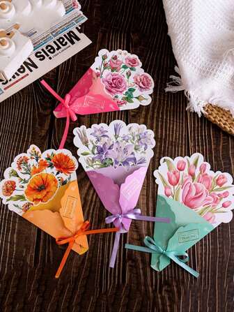 8pcs Creative Floral Ins Style Envelope Greeting Cards, Minimalist Bouquet Embossed Thank You & Best Wishes Series, Multi Occasion Gift Cards For Messages, Random Colors,Mother's Day,Mom's Gift