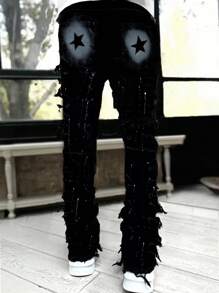 Men's Fashion Layered Fringe Star Painted Denim Jeans, Emo Style - Black - View 2