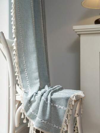 Tokoto 1pc Simple Line Embroidery Blackout Light Grey Curtain, Farmhouse Vintage Beige Tassel Decor Privacy Boho Window Curtain, Suitable For Bedroom, Living Room, Kitchen, Dining Room, Hotel, Holiday, All Seasons