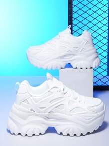 High Platform White High Heel Shoes For Women, Outdoor All Season Fashion Casual Sneakers, Super Light Weight, Non-Slip Wear-Resistant, 7CM Wedge Heel, Round Toe With Lace-Up, Breathable Mesh, Thick Sole, Cushioned, Suitable For Dating, Fitness, Work, School, Youth , Versatile, Comfortable Soft Bottom Shock Absorbing Women Sport Shoes For Autumn Winter