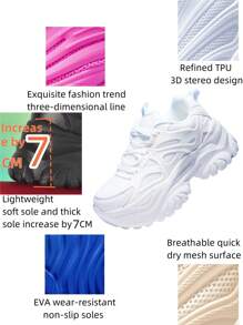 High Platform White High Heel Shoes For Women, Outdoor All Season Fashion Casual Sneakers, Super Light Weight, Non-Slip Wear-Resistant, 7CM Wedge Heel, Round Toe With Lace-Up, Breathable Mesh, Thick Sole, Cushioned, Suitable For Dating, Fitness, Work, School, Youth , Versatile, Comfortable Soft Bottom Shock Absorbing Women Sport Shoes For Autumn Winter