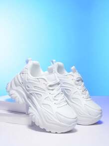 High Platform White High Heel Shoes For Women, Outdoor All Season Fashion Casual Sneakers, Super Light Weight, Non-Slip Wear-Resistant, 7CM Wedge Heel, Round Toe With Lace-Up, Breathable Mesh, Thick Sole, Cushioned, Suitable For Dating, Fitness, Work, School, Youth , Versatile, Comfortable Soft Bottom Shock Absorbing Women Sport Shoes For Autumn Winter