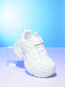 High Platform White High Heel Shoes For Women, Outdoor All Season Fashion Casual Sneakers, Super Light Weight, Non-Slip Wear-Resistant, 7CM Wedge Heel, Round Toe With Lace-Up, Breathable Mesh, Thick Sole, Cushioned, Suitable For Dating, Fitness, Work, School, Youth , Versatile, Comfortable Soft Bottom Shock Absorbing Women Sport Shoes For Autumn Winter