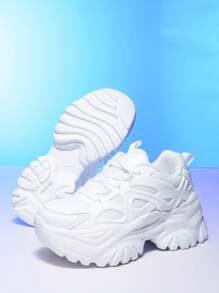 High Platform White High Heel Shoes For Women, Outdoor All Season Fashion Casual Sneakers, Super Light Weight, Non-Slip Wear-Resistant, 7CM Wedge Heel, Round Toe With Lace-Up, Breathable Mesh, Thick Sole, Cushioned, Suitable For Dating, Fitness, Work, School, Youth , Versatile, Comfortable Soft Bottom Shock Absorbing Women Sport Shoes For Autumn Winter