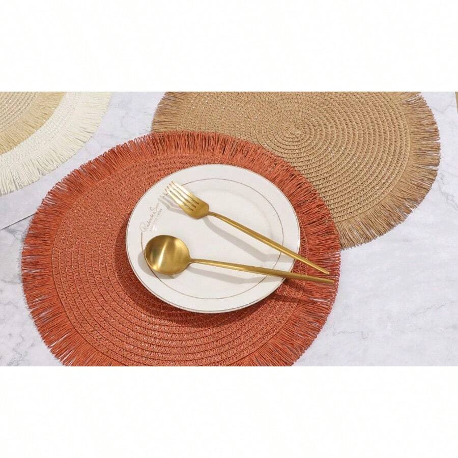 Mantel Individual trenzado de papel redondo de 38CM, borla de papel, estera aislante para hogar y restaurante, posavasos decorativo