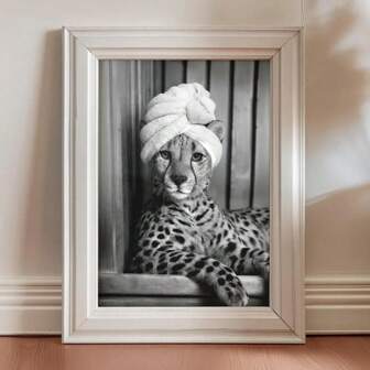 1 幅无框/带框猎豹浴袍头巾趣味艺术海报黑白动物豹浴室装饰时髦绘画帆布印刷简约墙壁画适用于宿舍、公寓、客厅、厕所、盥洗室、卫生间、现代家居装饰