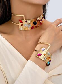 1 conjunto de joias de colar e pulseira de strass exageradas retrô, para festa de casamento