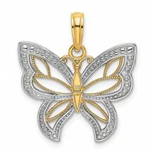 14k Yellow Gold With Rhodium Butterfly With White Beaded Wings Charm Pendant (L-0.89 Inch,W-0.78 Inch) 1.64 Gram