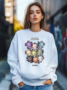 Women's Fall Loose Pullover Fashion Cartoon Axolotls Cool Letters  Print Long Sleeve Crew Neck Sweatshirt Casual Comfy Clothes