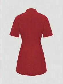 Spring/Summer New Fashionable Minimalist Elegant Lapel Single-Breasted Fitted Short Dress Casual - Burgundy - View 3