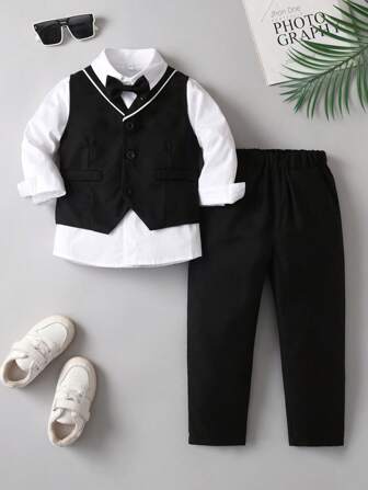 3 件套年轻男孩正装套装 - 白色长袖衬衫、黑色背心和长裤，适合宴会的绅士西装