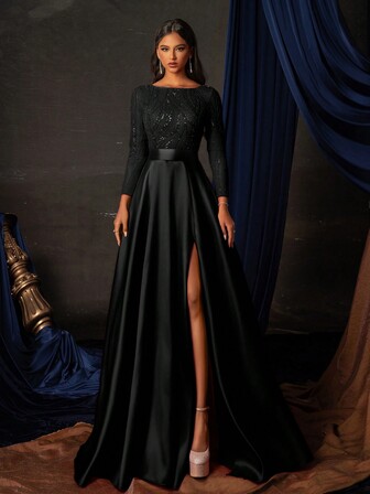 Elegant Black Sequin Long Sleeve Gown With High Slit, Floor-Length Formal Dress, Women's Prom Gown, Party Dress, Wedding Guest Dress, Evening Dress